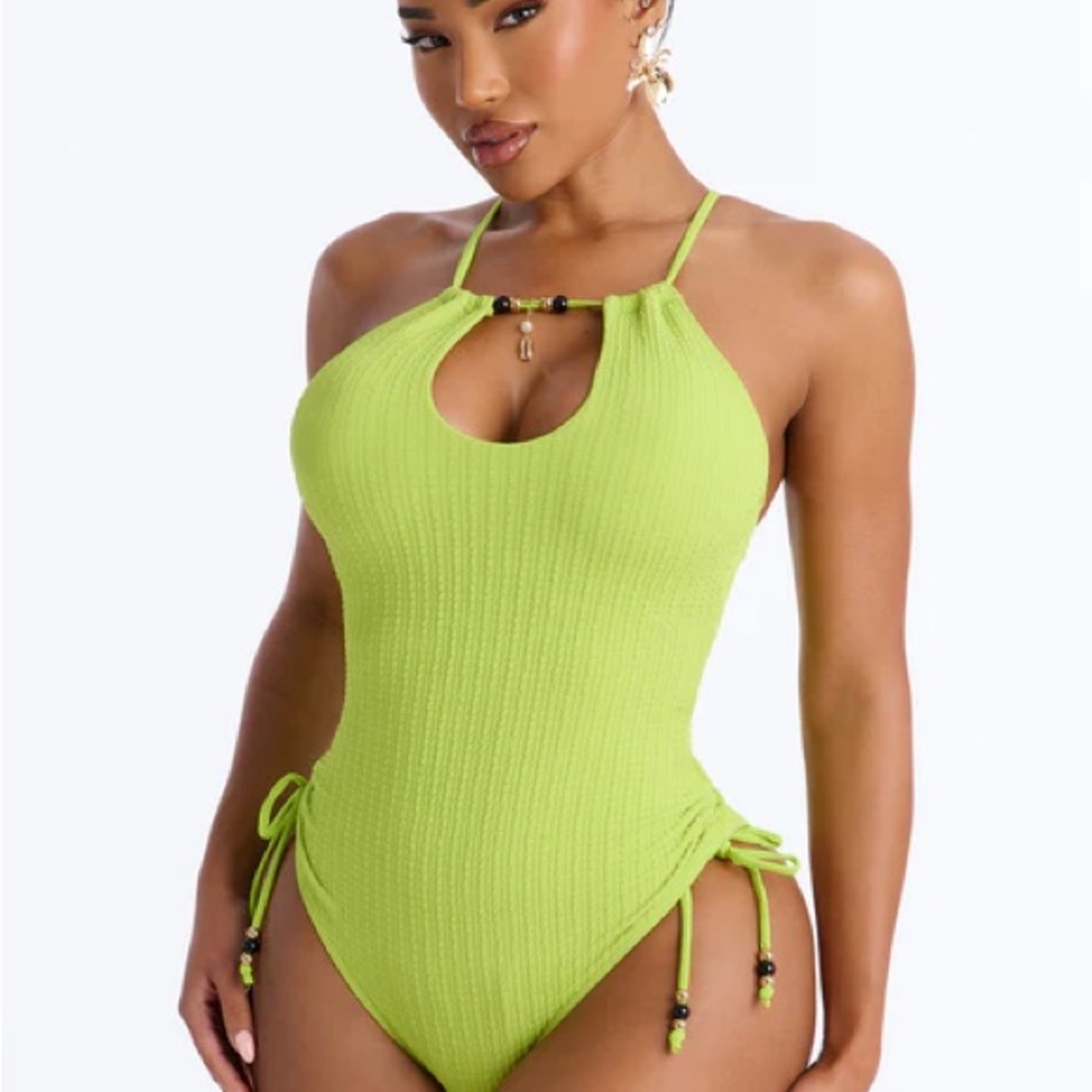 Ribbed Lime Green One-Piece Swimwear with Bead Accent